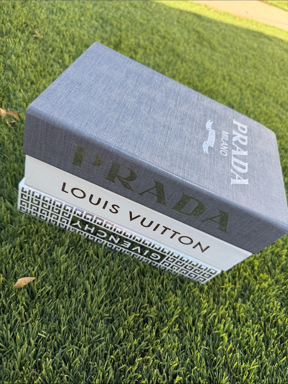 Prada Grey Fabric Shoe Box Stack with White Louis Vuitton Box